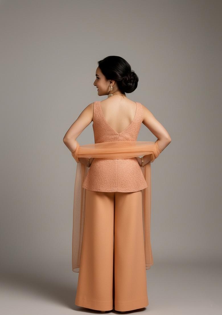 Girls Peach Embroidered Georgette Sharara Set - Indya