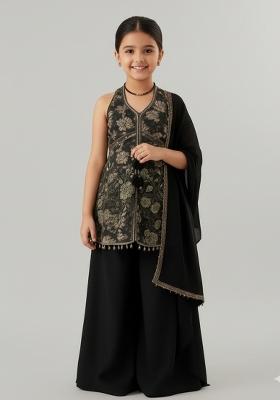 Girls Black Floral Print Tussar Kurta Set