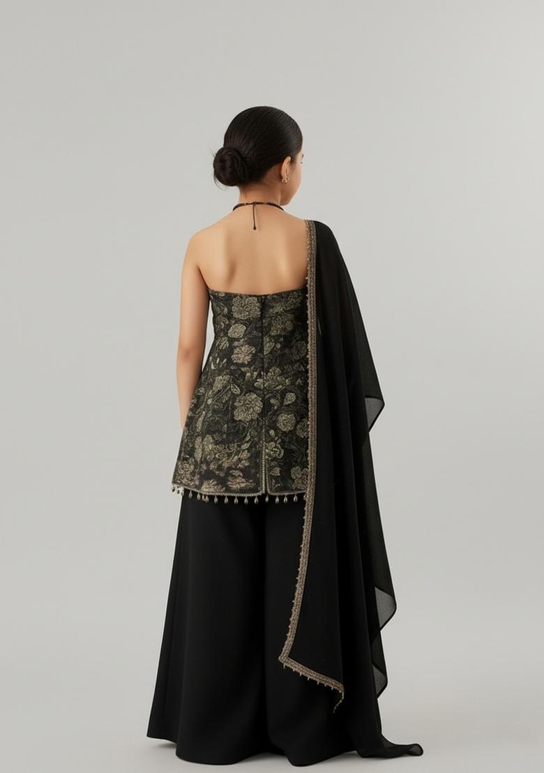 Girls Black Floral Print Tussar Kurta Set - Indya