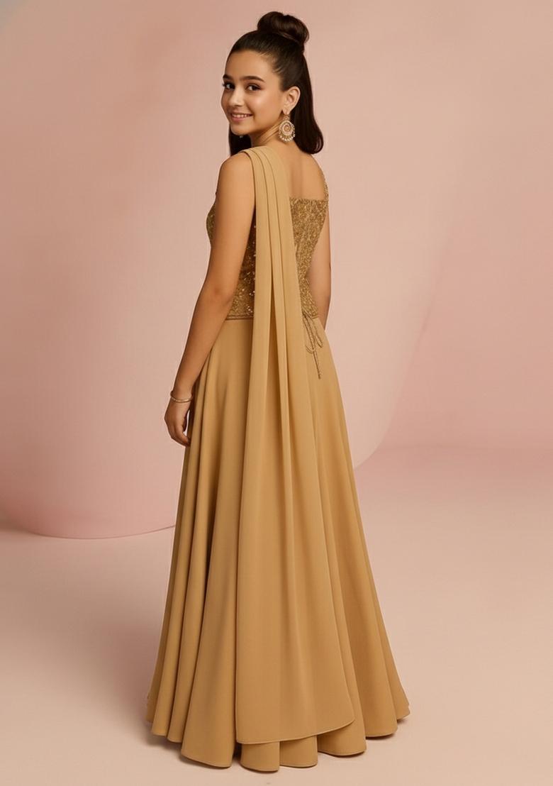 Girls Mustard Embroidered Georgette Kurta Set - Indya