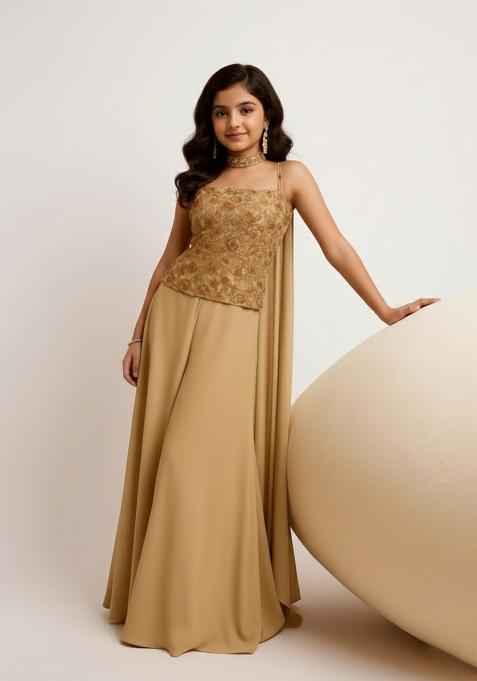 Girls Mustard Embroidered Georgette Kurta Set