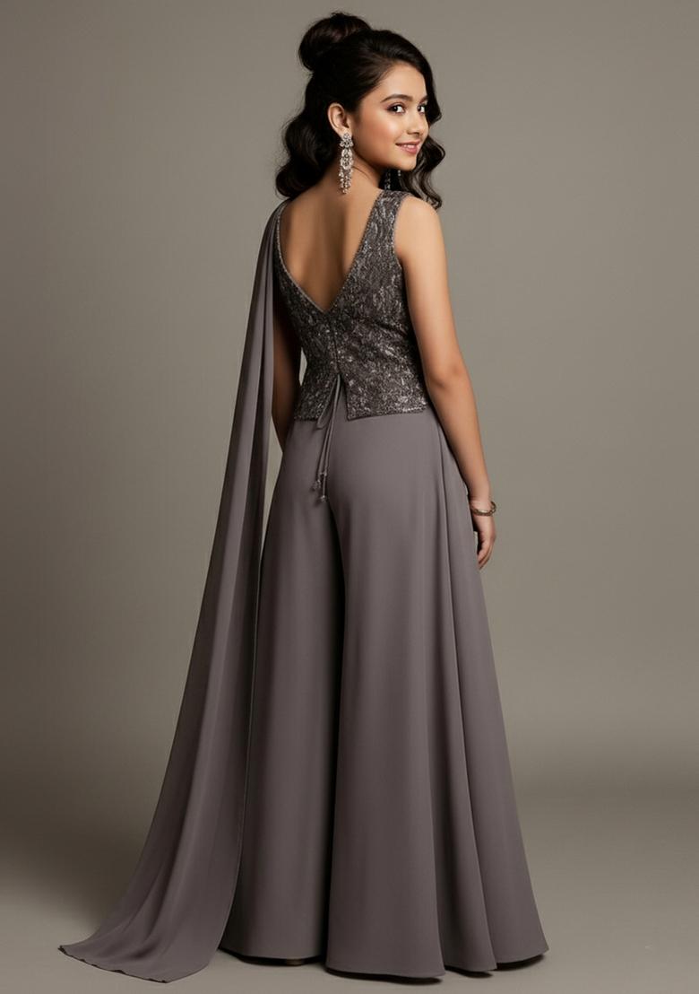 Girls Grey Sequin Georgette Kurta Set - Indya