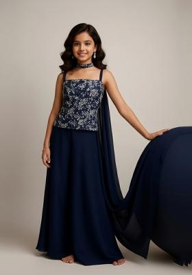 Girls Navy Blue Embroidered Georgette Kurta Set