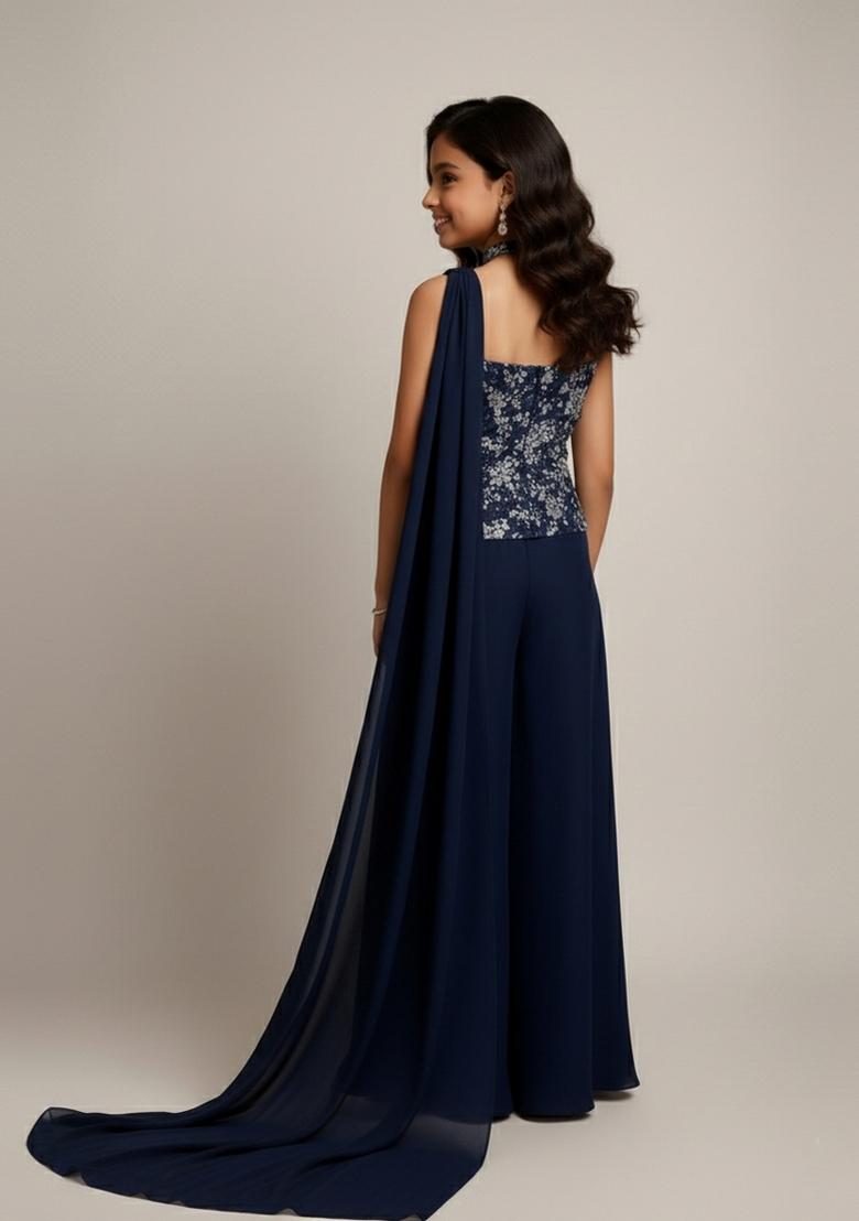 Girls Navy Blue Embroidered Georgette Kurta Set - Indya