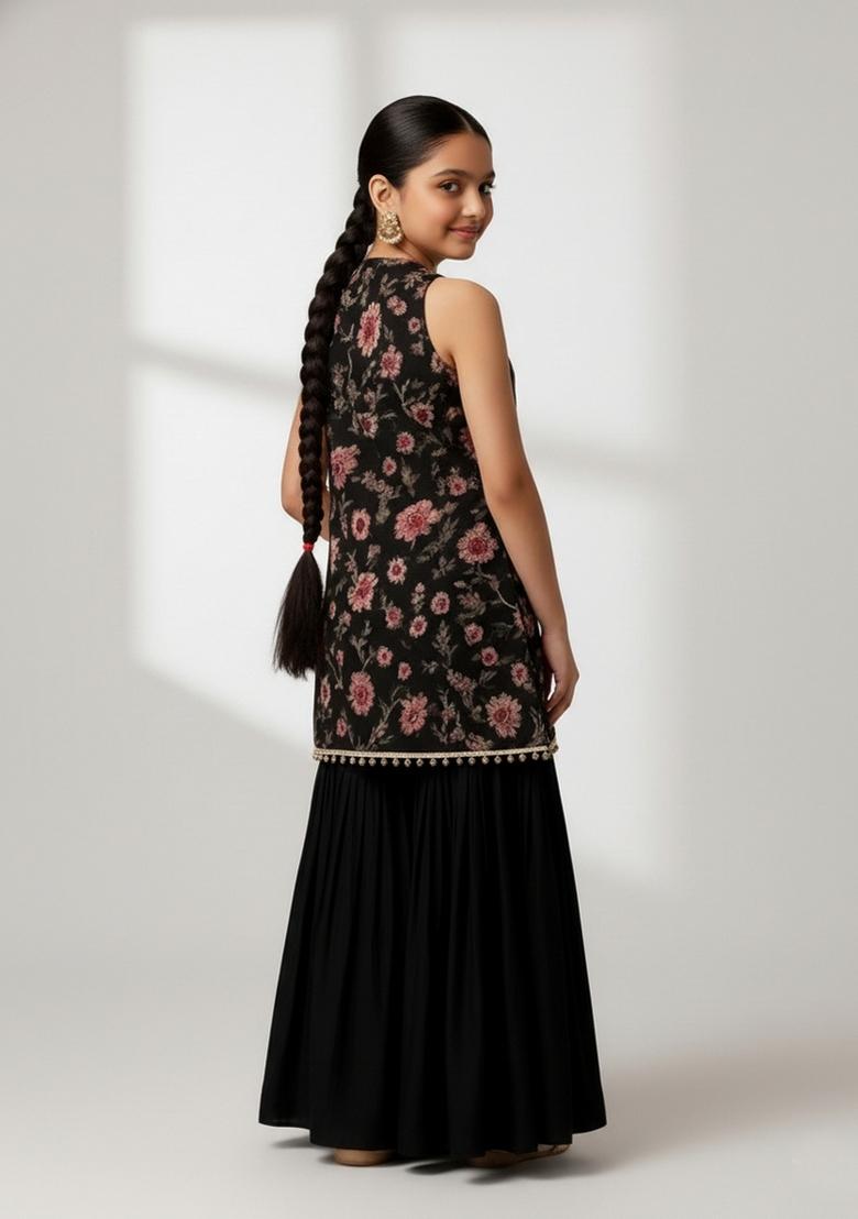 Girls Black Embroidered Net Kurta Set - Indya