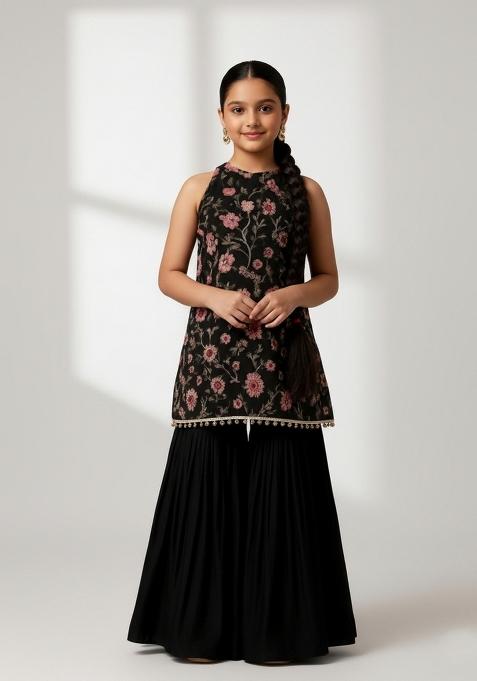 Girls Black Embroidered Net Kurta Set