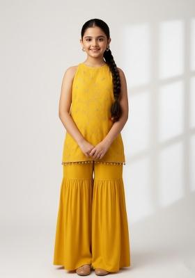 Girls Yellow Embroidered Silk Kurta Set