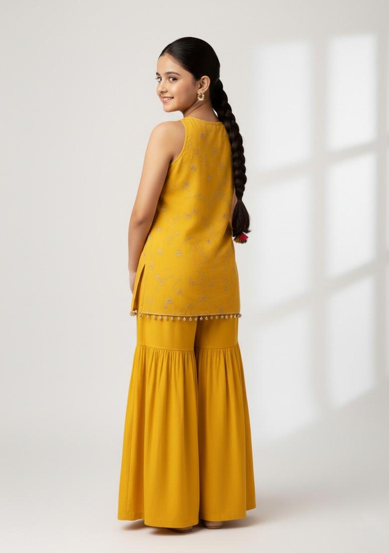 Girls Yellow Embroidered Silk Kurta Set - Indya