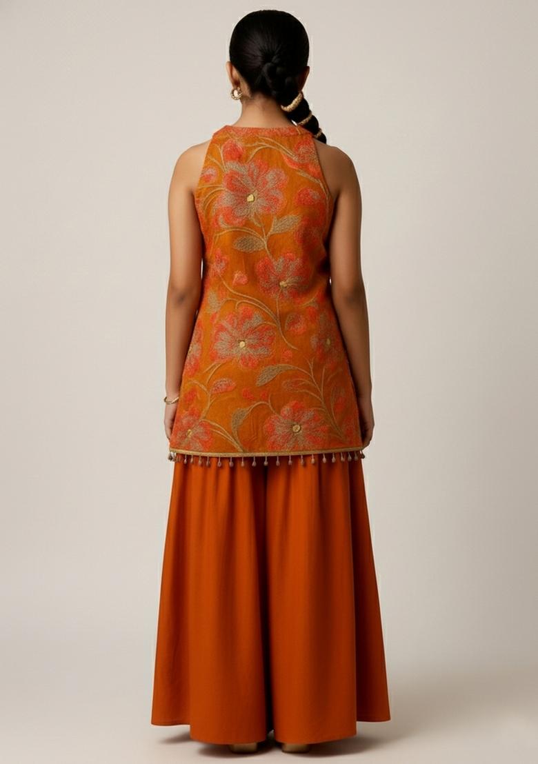 Girls Rust Embroidered Organza Kurta Set - Indya