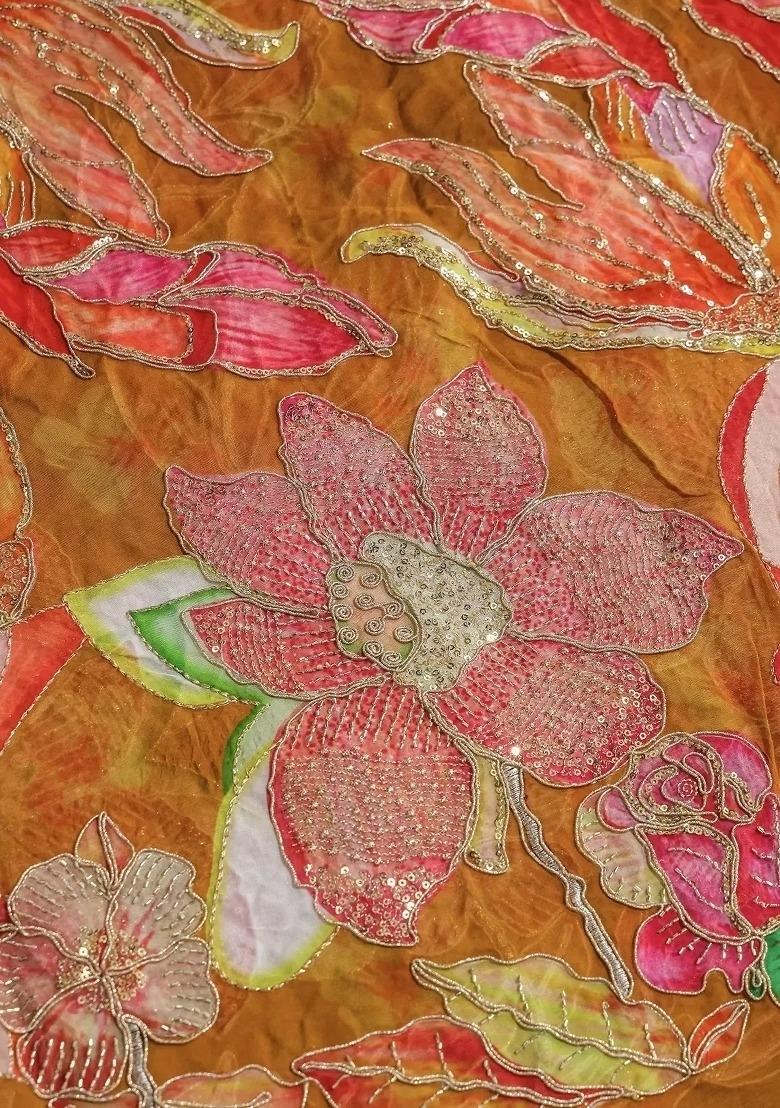 Girls Rust Embroidered Organza Kurta Set - Indya