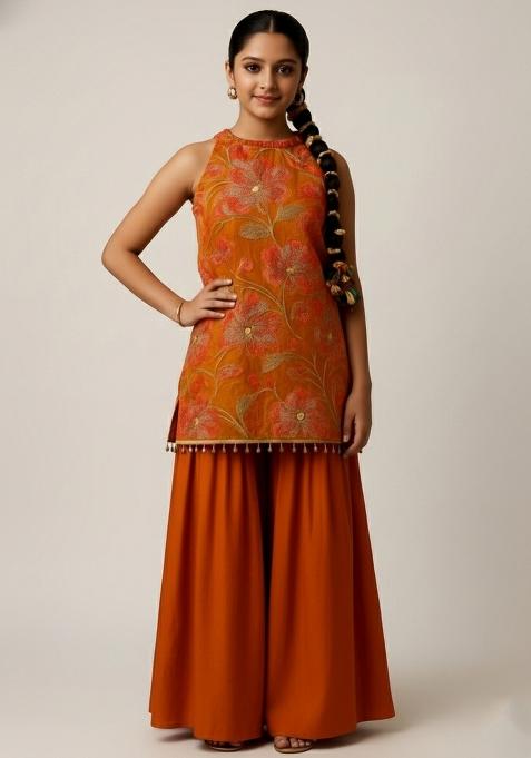 Girls Rust Embroidered Organza Kurta Set