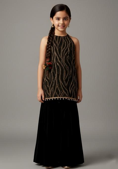 Girls Black Sequin Net Kurta Set