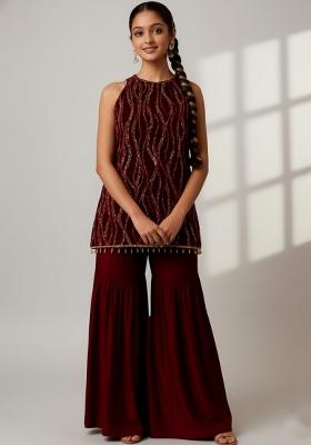 Girls Wine Embellished Net Kurta Set