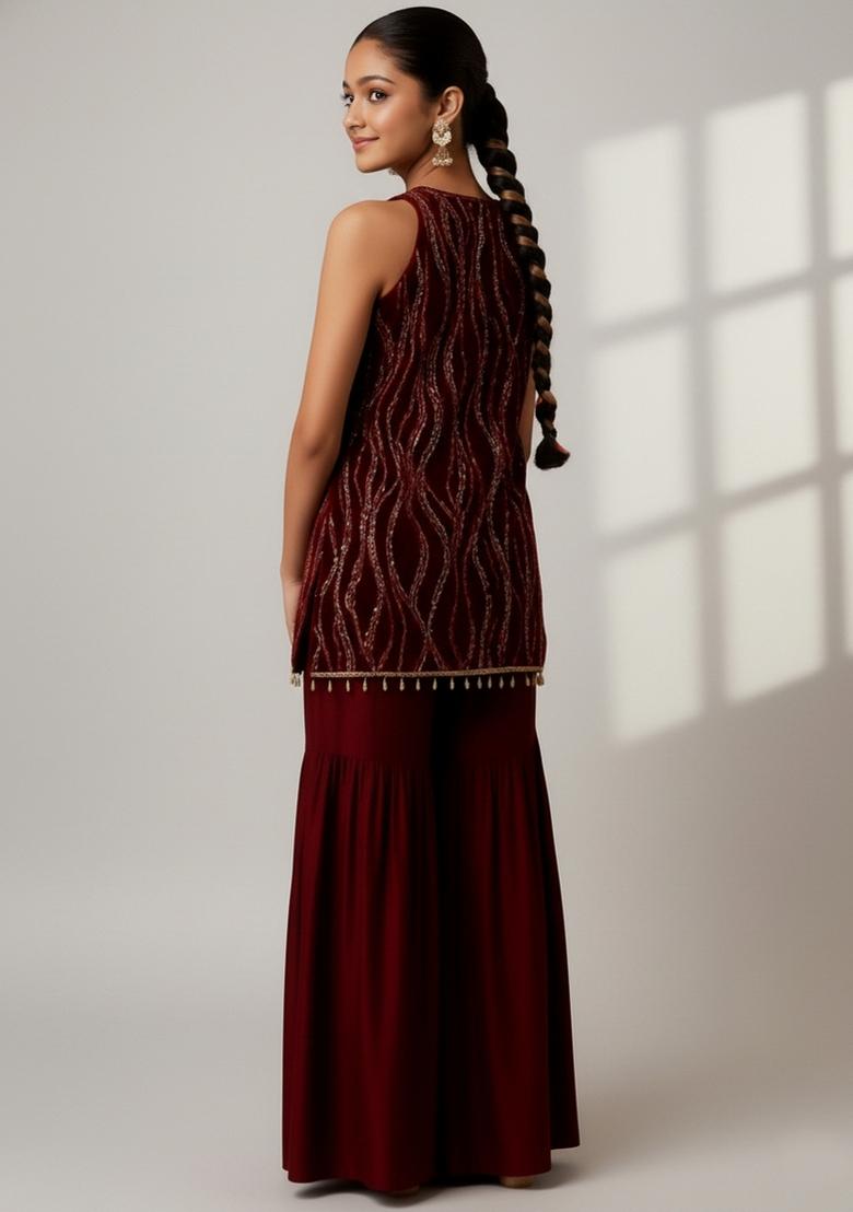 Girls Wine Embellished Net Kurta Set - Indya