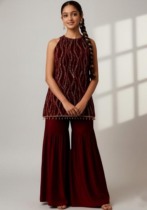 Girls Wine Embellished Net Kurta Set