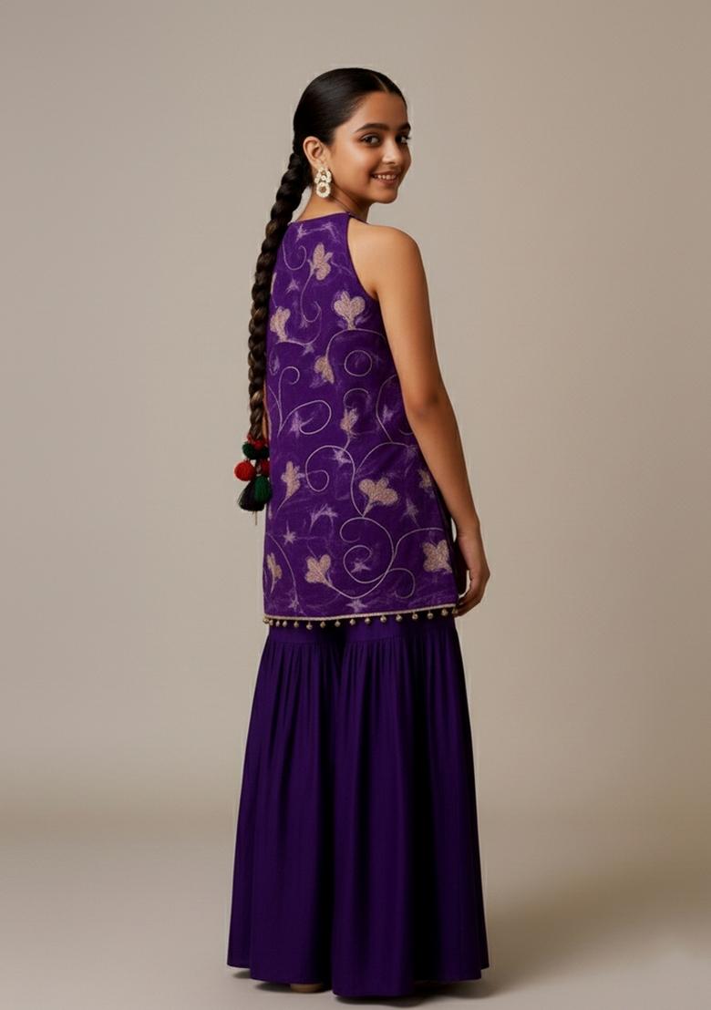 Girls Purple Embroidered Organza Kurta Set - Indya