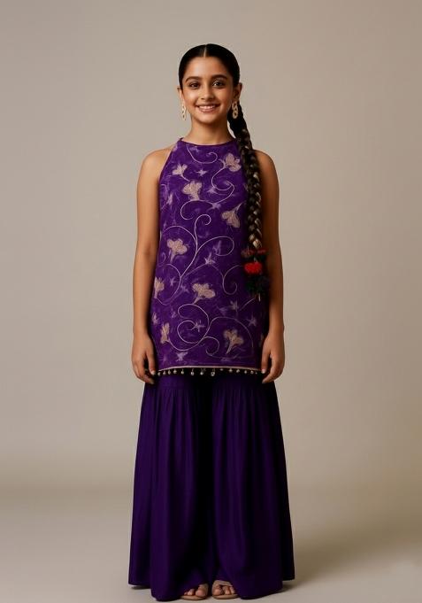 Girls Purple Embroidered Organza Kurta Set