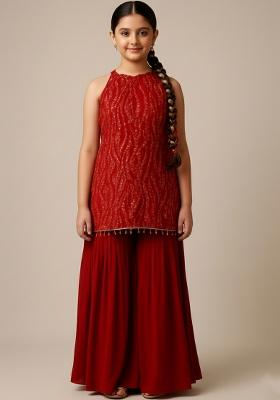 Girls Red Embroidered Net Kurta Set