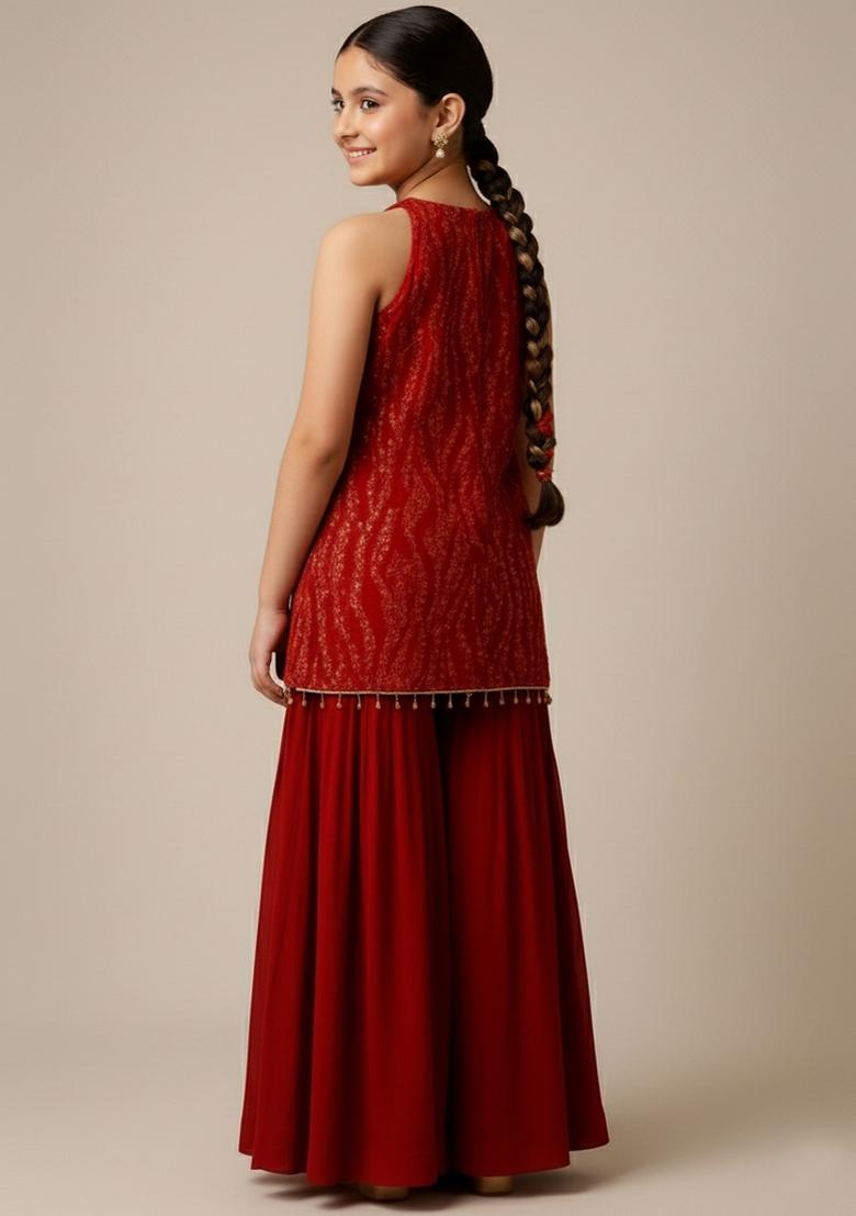 Girls Red Embroidered Net Kurta Set - Indya