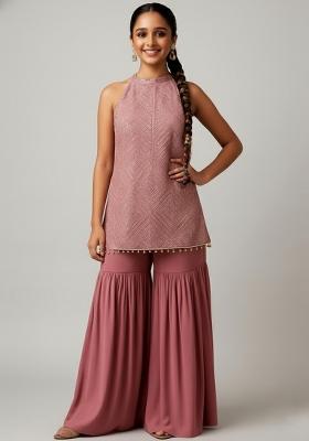 Girls Mauve Embroidered Net Kurta Set