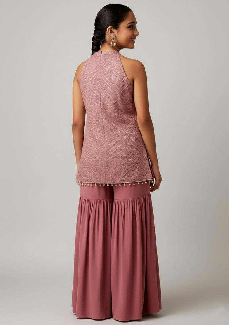 Girls Mauve Embroidered Net Kurta Set - Indya