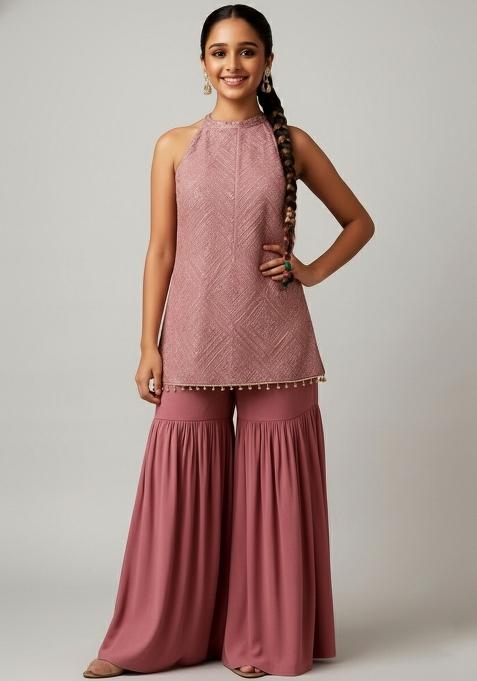 Girls Mauve Embroidered Net Kurta Set