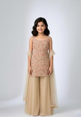 Girls Peach Embroidered Net Kurta Set