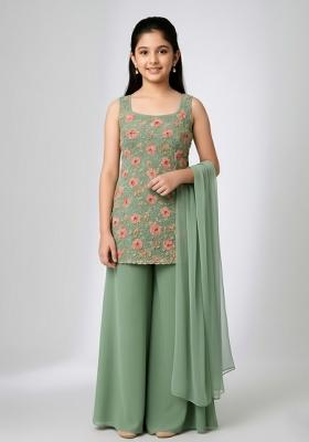 Girls Pista Green Embroidered Net Kurta Set