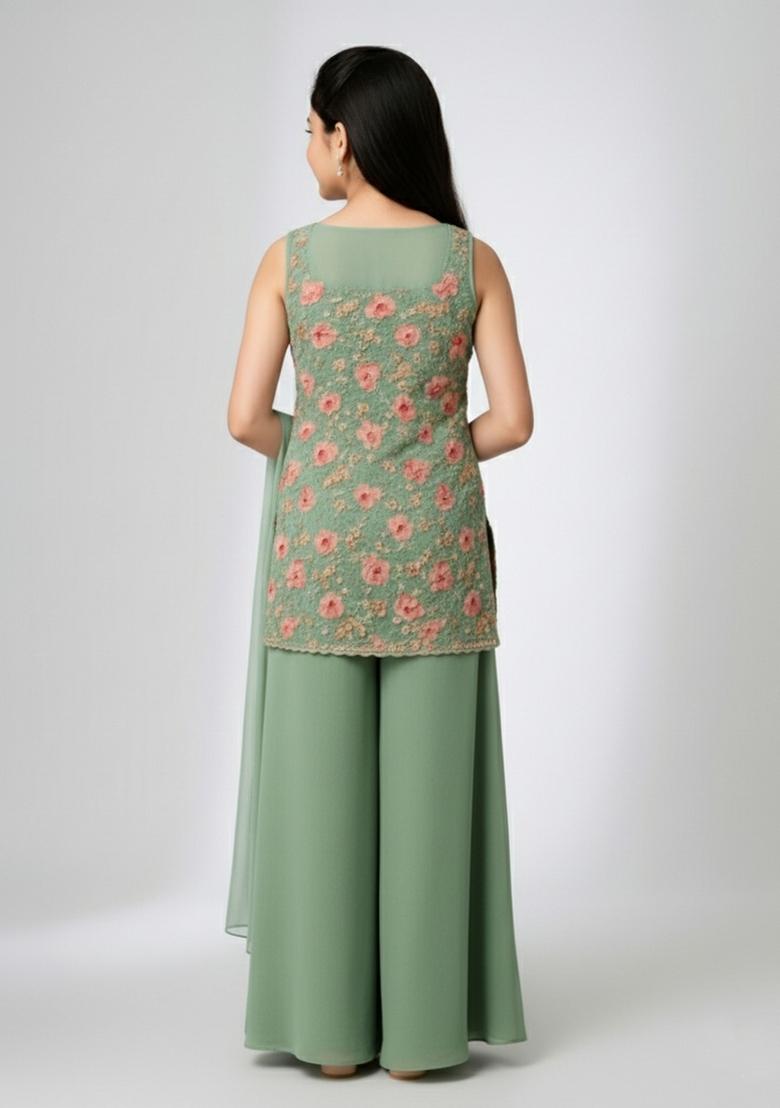 Girls Pista Green Embroidered Net Kurta Set - Indya