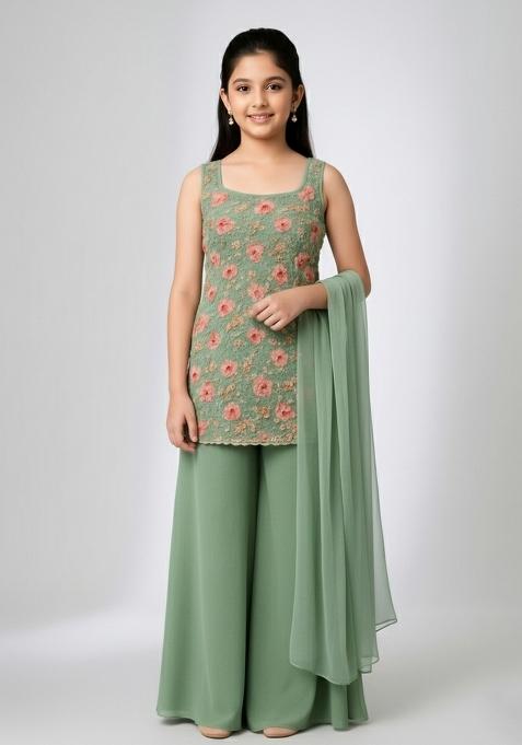 Girls Pista Green Embroidered Net Kurta Set