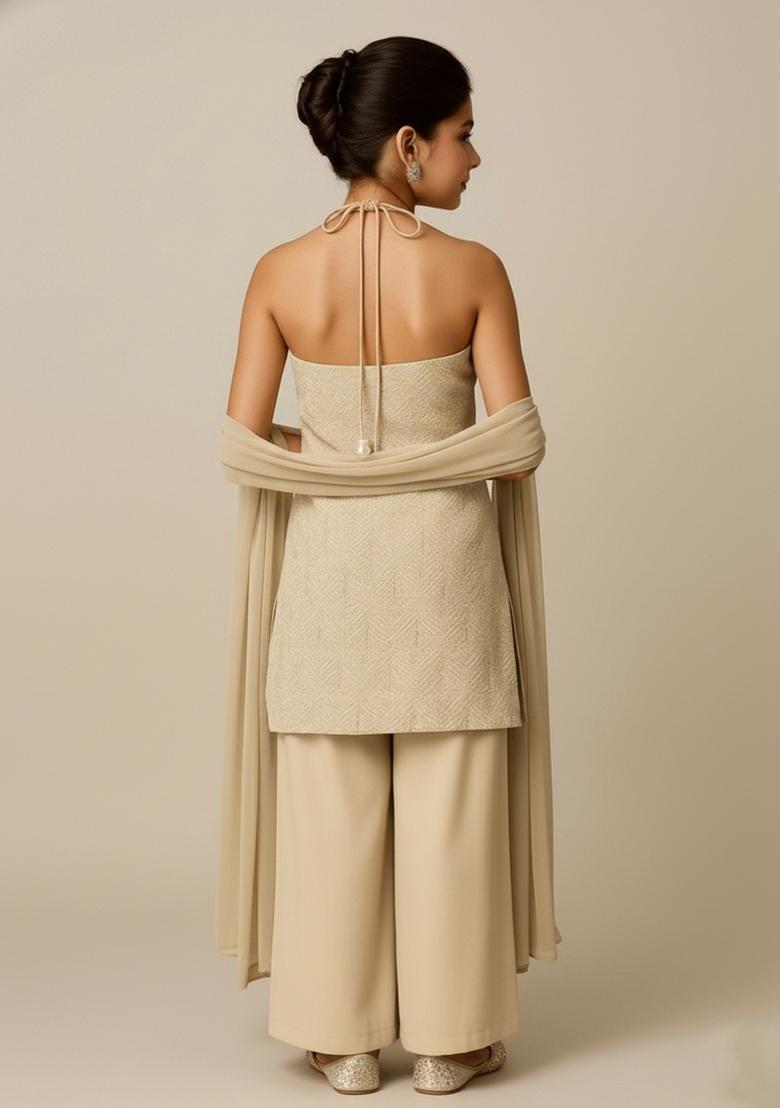 Girls Off White Solid Net Sharara Set