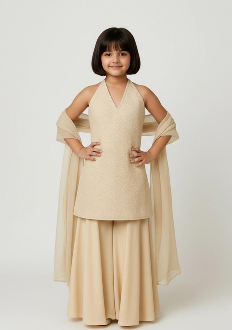 Girls Off White Solid Net Sharara Set