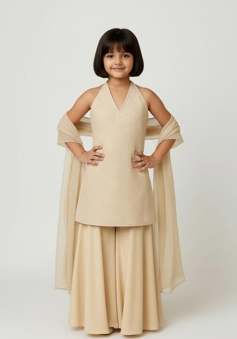 Girls Off White Solid Net Sharara Set