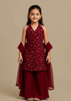 Girls Maroon Embroidered Georgette Sharara Set