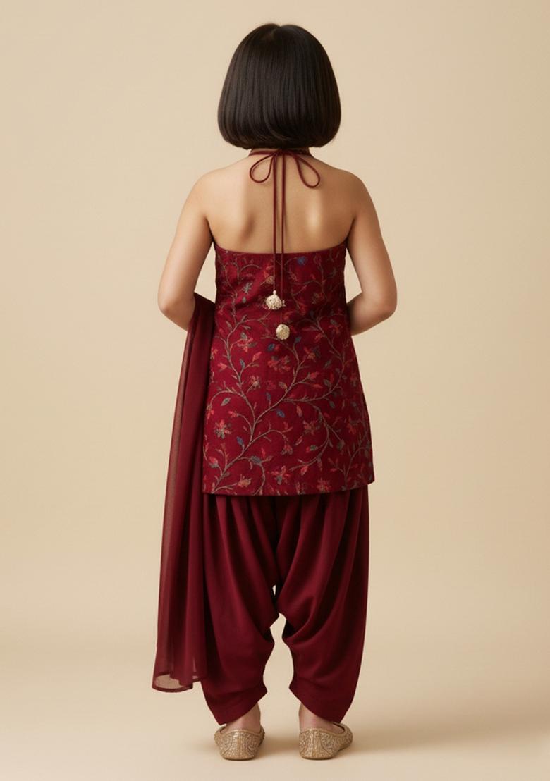 Girls Maroon Embroidered Georgette Sharara Set - Indya