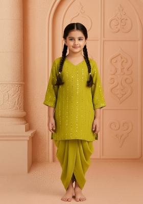 Girls Henna Green Embroidered Georgette Kurta Set