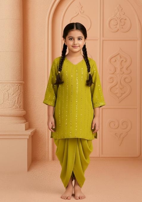 Girls Henna Green Embroidered Georgette Kurta Set