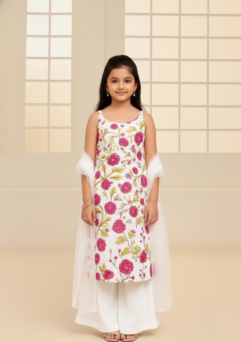 Girls White Embroidered Silk Sharara Set - Indya