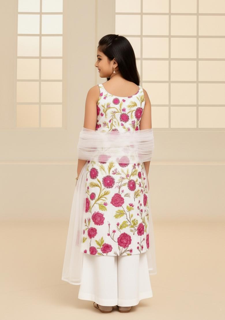 Girls White Embroidered Silk Sharara Set - Indya