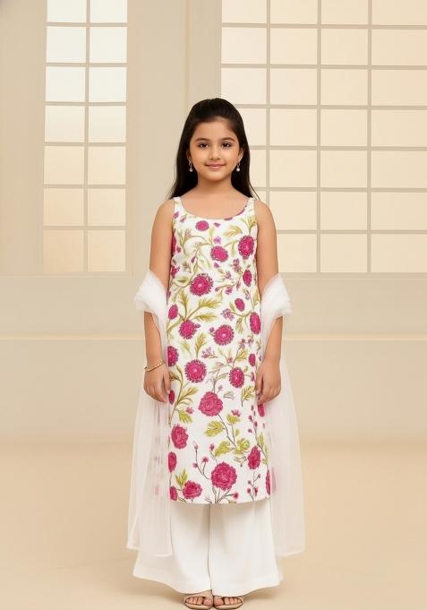 Girls White Embroidered Silk Sharara Set