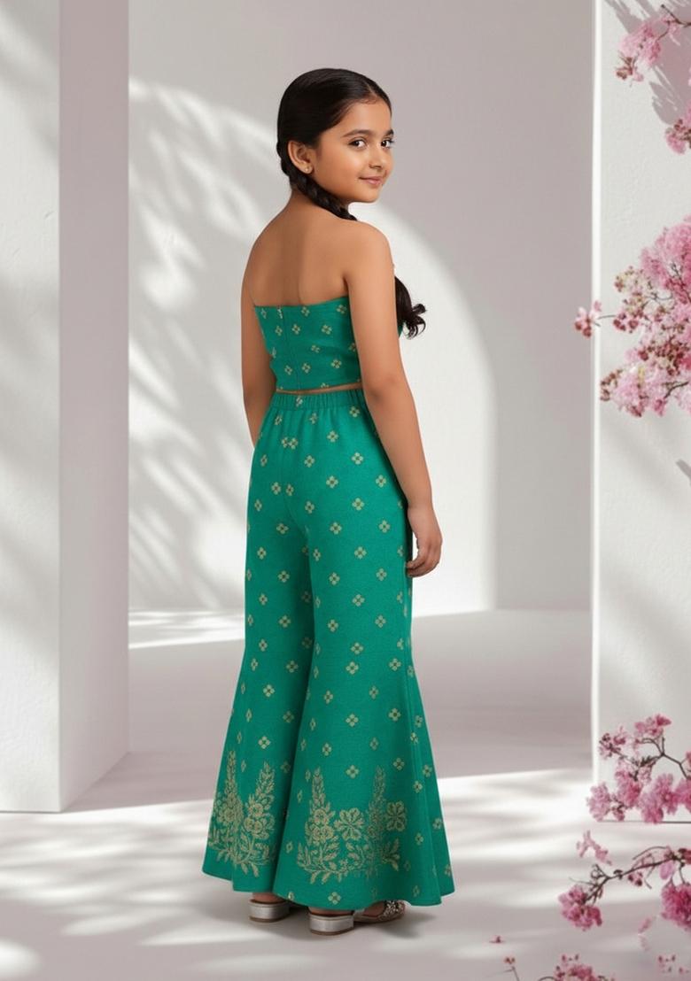 Girls Sea Green Jacquard Tissue Fusion Set - Indya