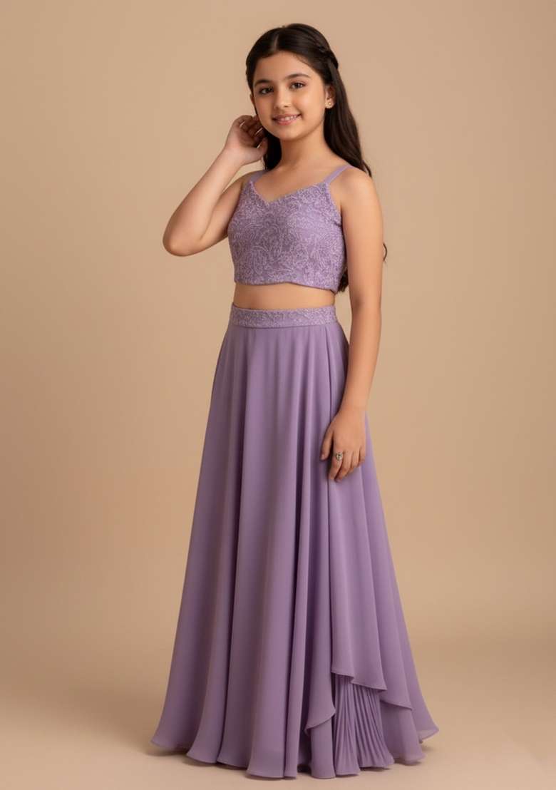Girls Purple Embroidered Georgette Fusion Set - Indya