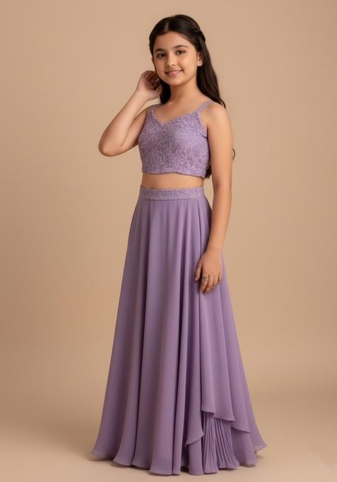 Girls Purple Embroidered Georgette Fusion Set