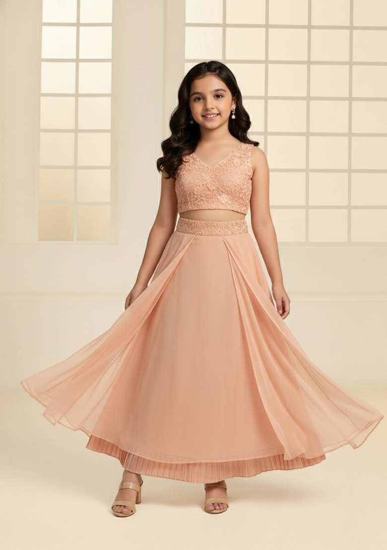 Girls Peach Embroidered Georgette Fusion Set - Indya