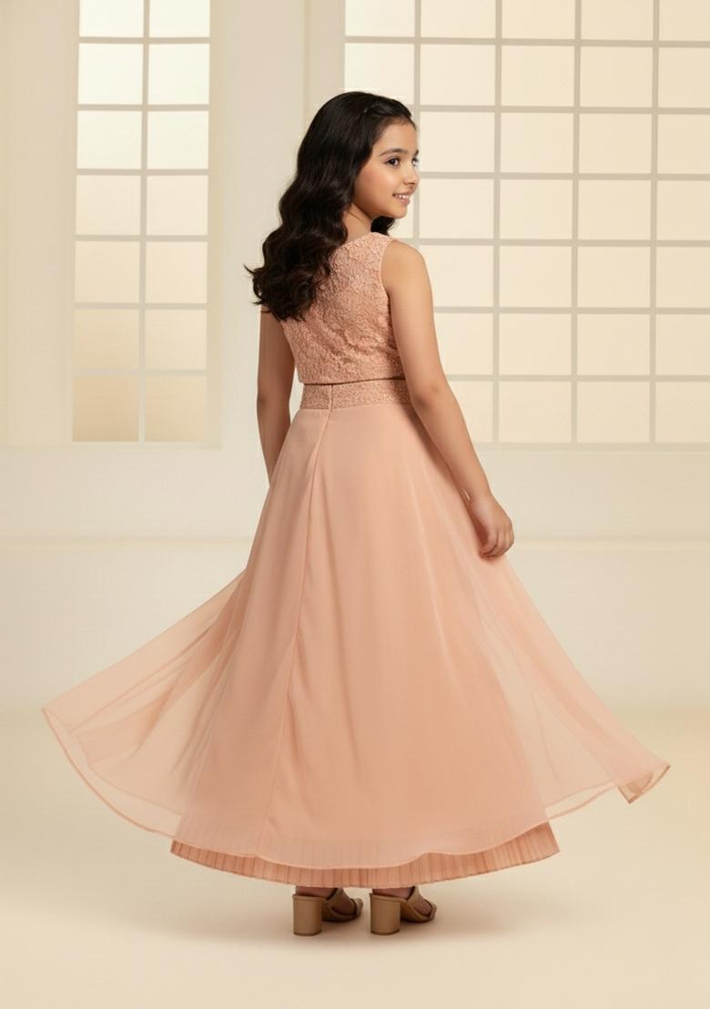 Girls Peach Embroidered Georgette Fusion Set - Indya