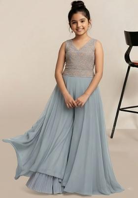 Girls Grey Embroidered Georgette Fusion Set