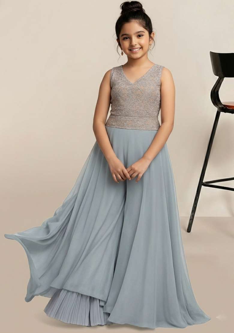 Girls Grey Embroidered Georgette Fusion Set - Indya