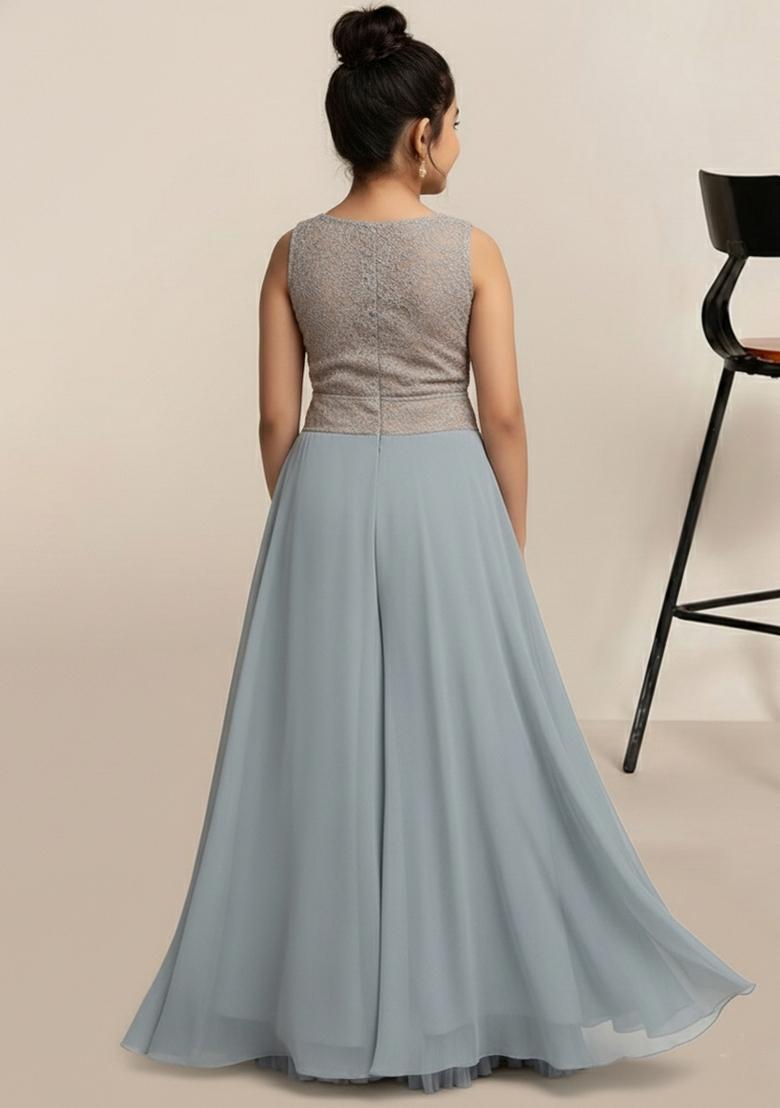 Girls Grey Embroidered Georgette Fusion Set - Indya