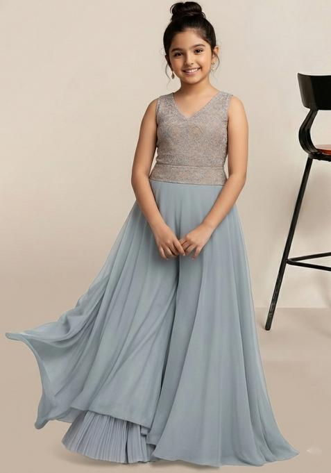 Girls Grey Embroidered Georgette Fusion Set