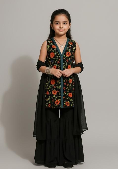 Girls Black Embroidered Crepe Sharara Set